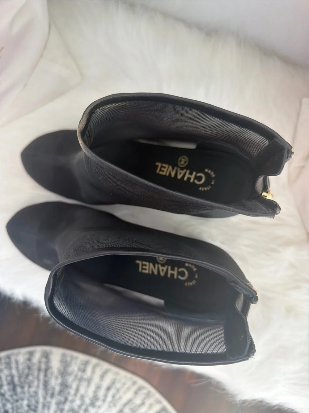 CHANEL Black Mesh Ankle Booties with Gold Zipper